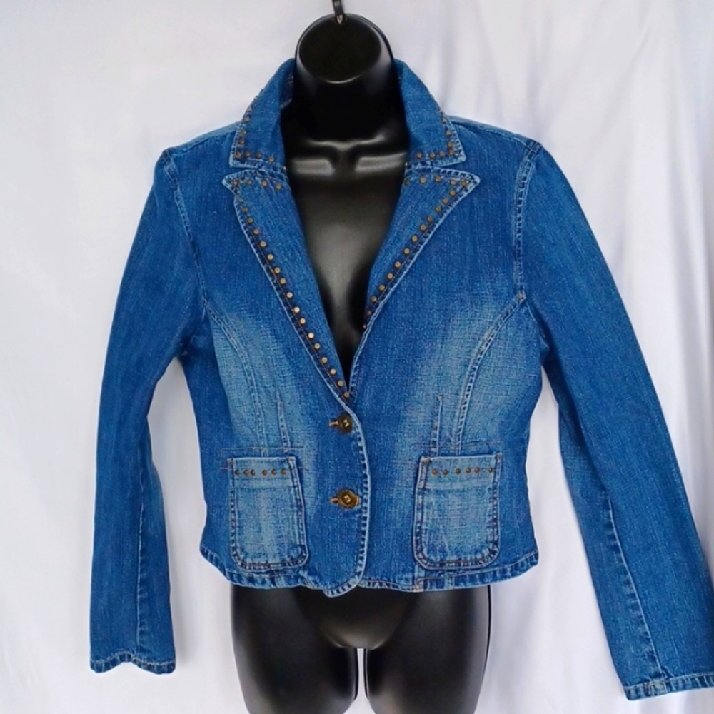 Star jeans Vintage Denim Jacket blazer STUDDED sz L y2k ♡, 19" Ptp, 19" Long